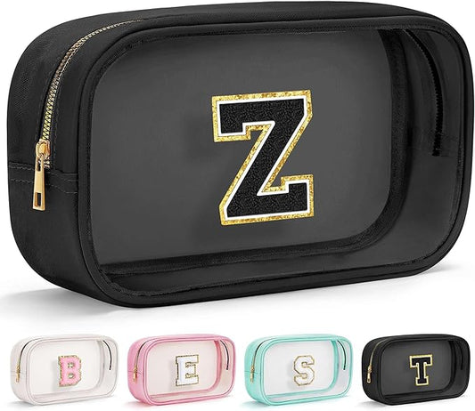 YOOLIFE Travel Makeup Bag Toiletry Bag for Women, Clear Make up Bag PVC Cosmetic Bag Black Travel Accessories Makeup Pouch Birthday Gifts for Women Teacher Mother Wife Girlfriend Gifts Letter Z