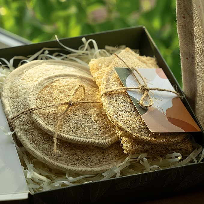 100% Natural Vietnamese Handcrafted Loofah Gift Set, Body Bath Scrubber, Face Exfoliating Sponge, Starter Kit with Gentle Cleansing (1 Box)