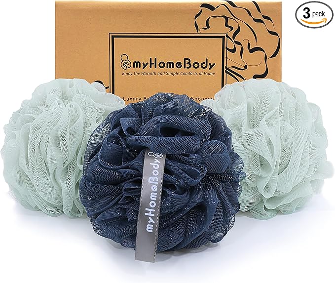myHomeBody Large 70g Loofah Sponge, Body Scrubber, Bath Sponge, Loofah for Women, Men, Exfoliating Sponge Shower Pouf with Activated Charcoal - 2 Sea Foam Green + 1 Navy Blue, 3 Pack