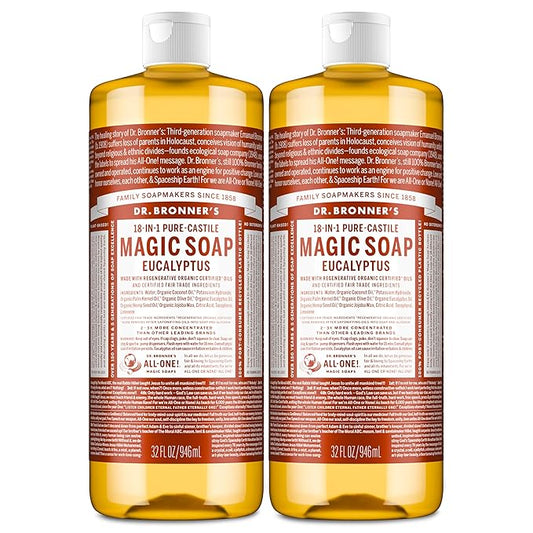 Dr. Bronner's Magic Soap - Pure-Castile Liquid Soap (Eucalyptus, 32 ounce, 2-Pack) -Regenerative Organic Certified Oils, 18-in-1 Uses: Body, Hair, Laundry, Pets & Dishes, Concentrated, Vegan, Non-GMO