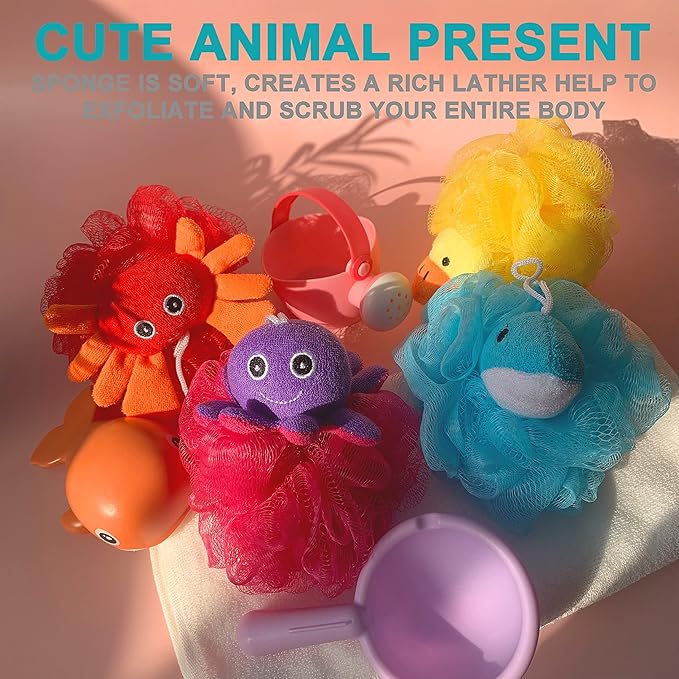 Loofah Exfoliating Shower Stuffed Sponge Pouf Mesh Brush with Animal Design - Bath Spa Puff Scrubber Ball - Body Poof for Man and Woman - Rich Foams Bubble（4.7" Each） Pack of 4