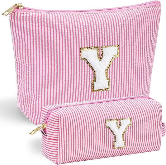 YOOLIFE Travel Makeup Bag Cosmetic Bag - Make Up Bag with Makeup Brush Bag Monogram Makeup Pouch Bag 2 Pieces Cute Makeup Bag Personalized Gifts Best Friend Birthday Gifts for Women Pink Letter Y