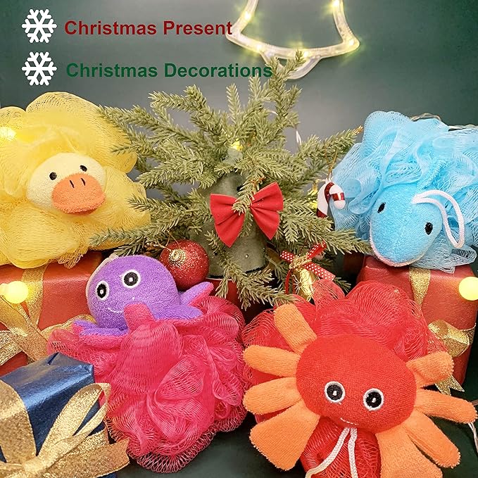 Loofah Exfoliating Shower Stuffed Sponge Pouf Mesh Brush with Animal Design - Bath Spa Puff Scrubber Ball - Body Poof for Man and Woman - Rich Foams Bubble（4.7" Each） Pack of 4